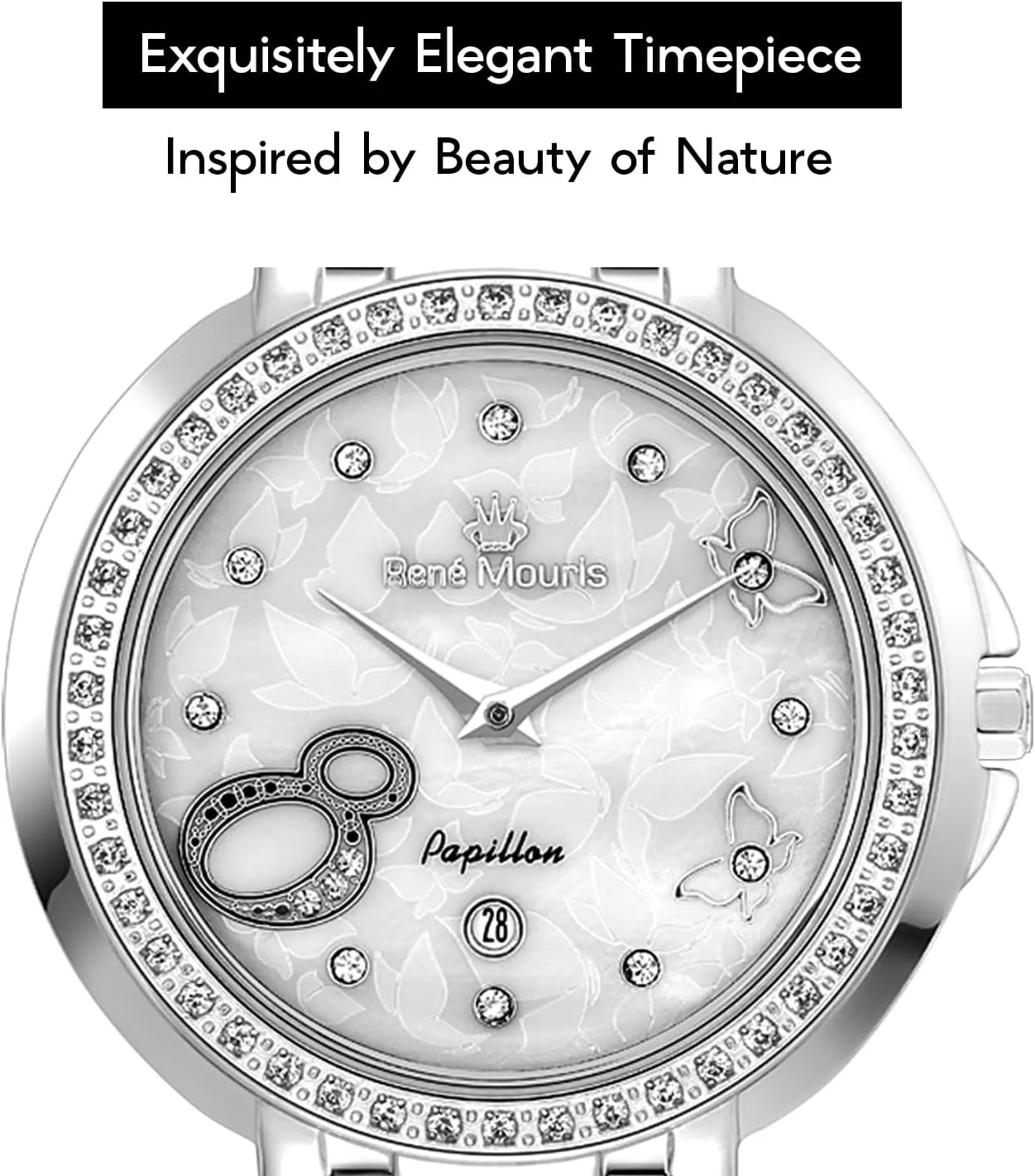 - 50M Waterproof Wrist Watches with 316L Stainless Steel Band. Ren?? Mouris Papillion Watches for Women - 36MM 316L Stainless Steel Luxury Watch - Sapphire ductless rupture Coated Mineral Crystal 