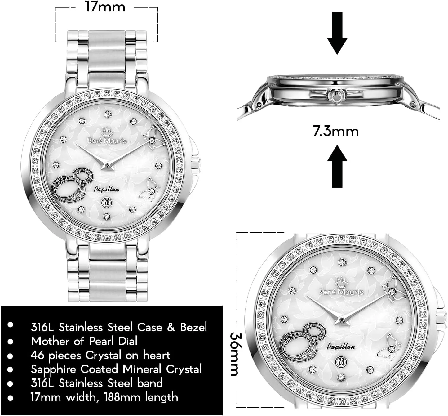 - 50M Waterproof Wrist Watches with 316L Stainless Steel Band. Ren?? Mouris Papillion Watches for Women - 36MM 316L Stainless Steel Luxury Watch - Sapphire ductless rupture Coated Mineral Crystal 
