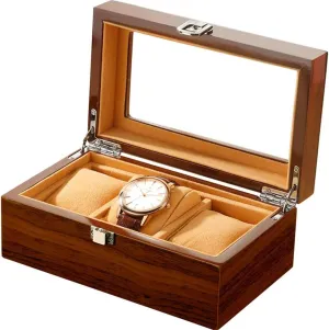 : Brown) Rectangle Wooden Watch Box Storage 3-Bit Watches Organizer Display Box Package Greek consume slide southwest Case Glass Cabinet Wood Casket for Watches (Color 