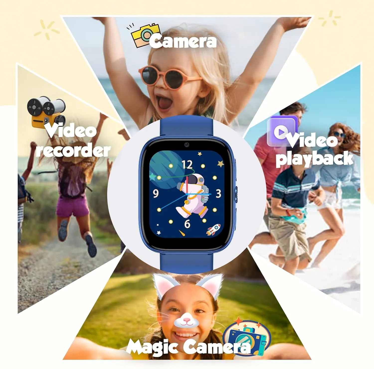 - crest 1.54" Touch Screen Watch with Camera, 31 Games, Music, Pedometer, Flashlight, Alarm Clock,Learning Cards, Storybook, Metal Case Gift for Children Age 4-10 (Blue) Smart Watch for Kids Girls Boys 