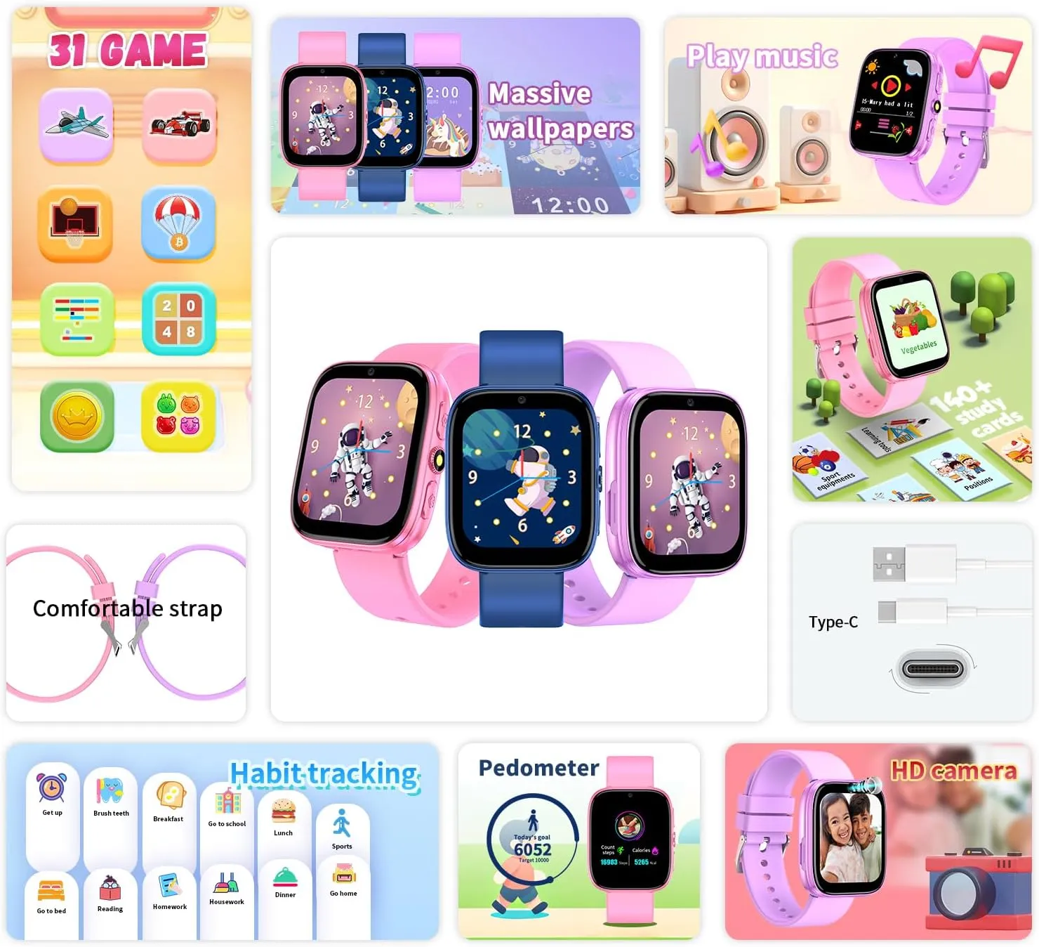 - crest 1.54" Touch Screen Watch with Camera, 31 Games, Music, Pedometer, Flashlight, Alarm Clock,Learning Cards, Storybook, Metal Case Gift for Children Age 4-10 (Blue) Smart Watch for Kids Girls Boys 