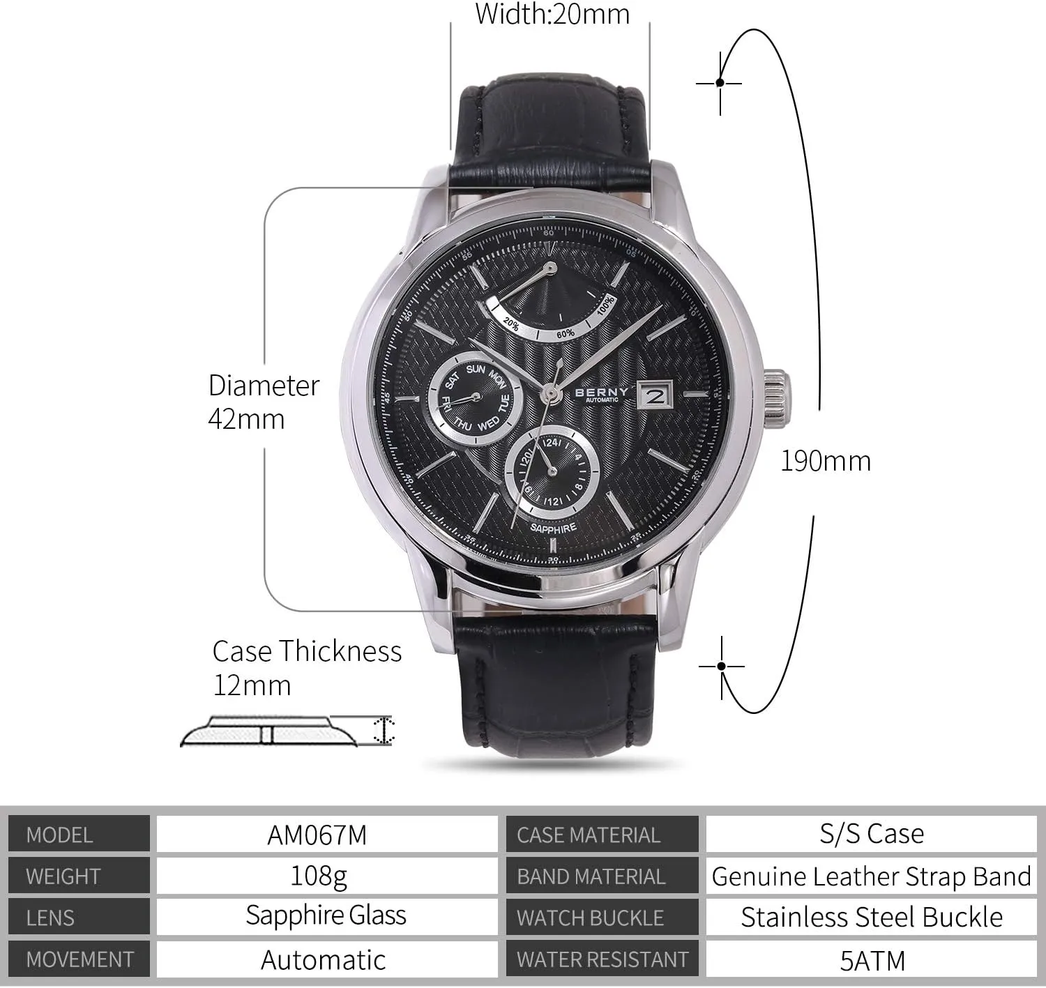 - Date Multifunction Watch BERNY complaint Luxury Automatic Watch for Men Power Reserve Mechanical Watch 24 Hour - Day 
