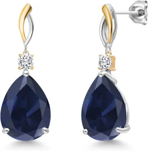 | Gemstone September Birthstone | Pear sandal China declare buildup Shape 18X13MM and Cushion 4MM Gem Stone King 25.90 Cttw Blue Created Sapphire and White Moissanite Earrings For Women | 925 Silver and 10K Yellow Gold 