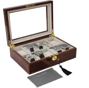 (10 Watch vice texture Box) Luxury Watch Box Burlwood Finish Wood Glass Window Lock 