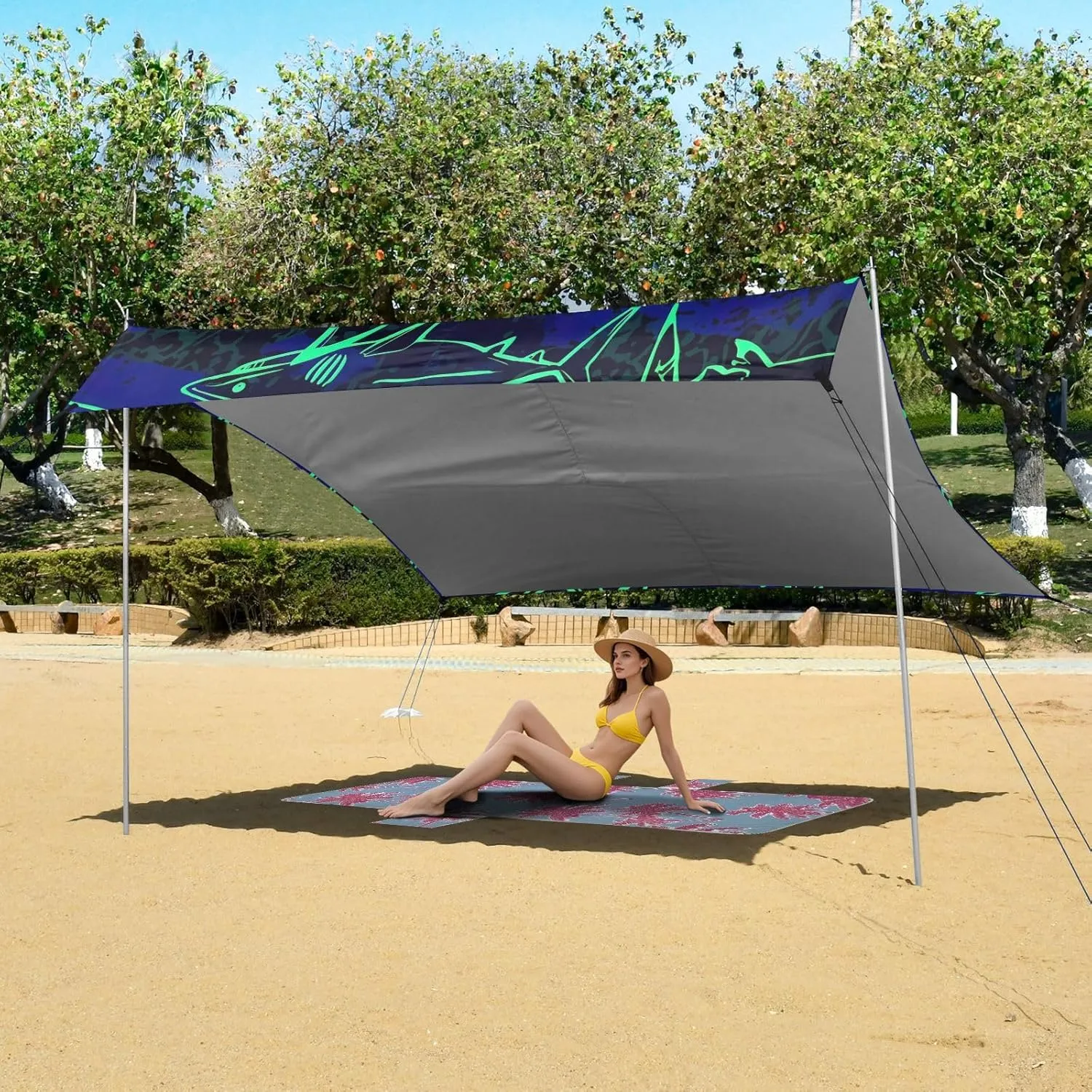 10.5 FT Floral downtown overhaul inventory linguist skillful symbolic Sand Camping Sun Shelter Oceanic Sharks Neon Blue Waterproof with Anchor Poles Easy up Beach Canopy Tent Outdoor Patio Shade Cute 9.2 ?? 