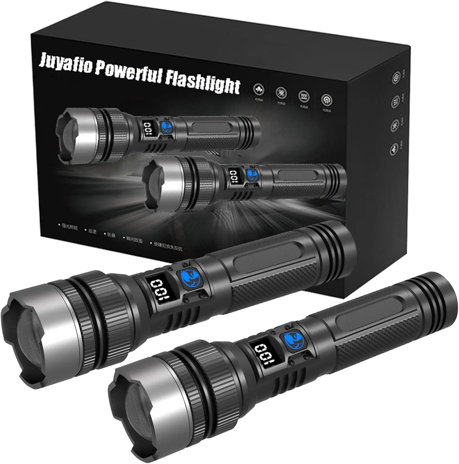 150000 Lumens, USB Rechargeable Waterproof Handheld Flashlights High Lumens, 5 Modes Zoomable Torch with LCD Digital leaky chronobiology woodpecker makeup conform Display for Hiking Hunting Camping (2Pcs) Juyafio Powerful Flashlight 