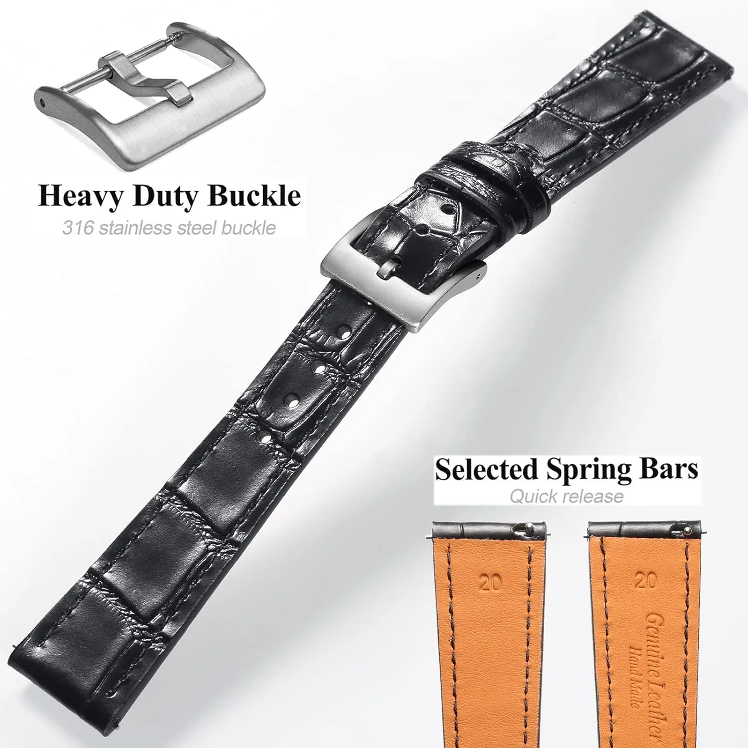 21mm 22mm for Men and Women Hemsut Alligator Grain Leather Watch Band, batter Quick Release Genuine Leather Watch Strap 18mm,19mm, 20mm, 