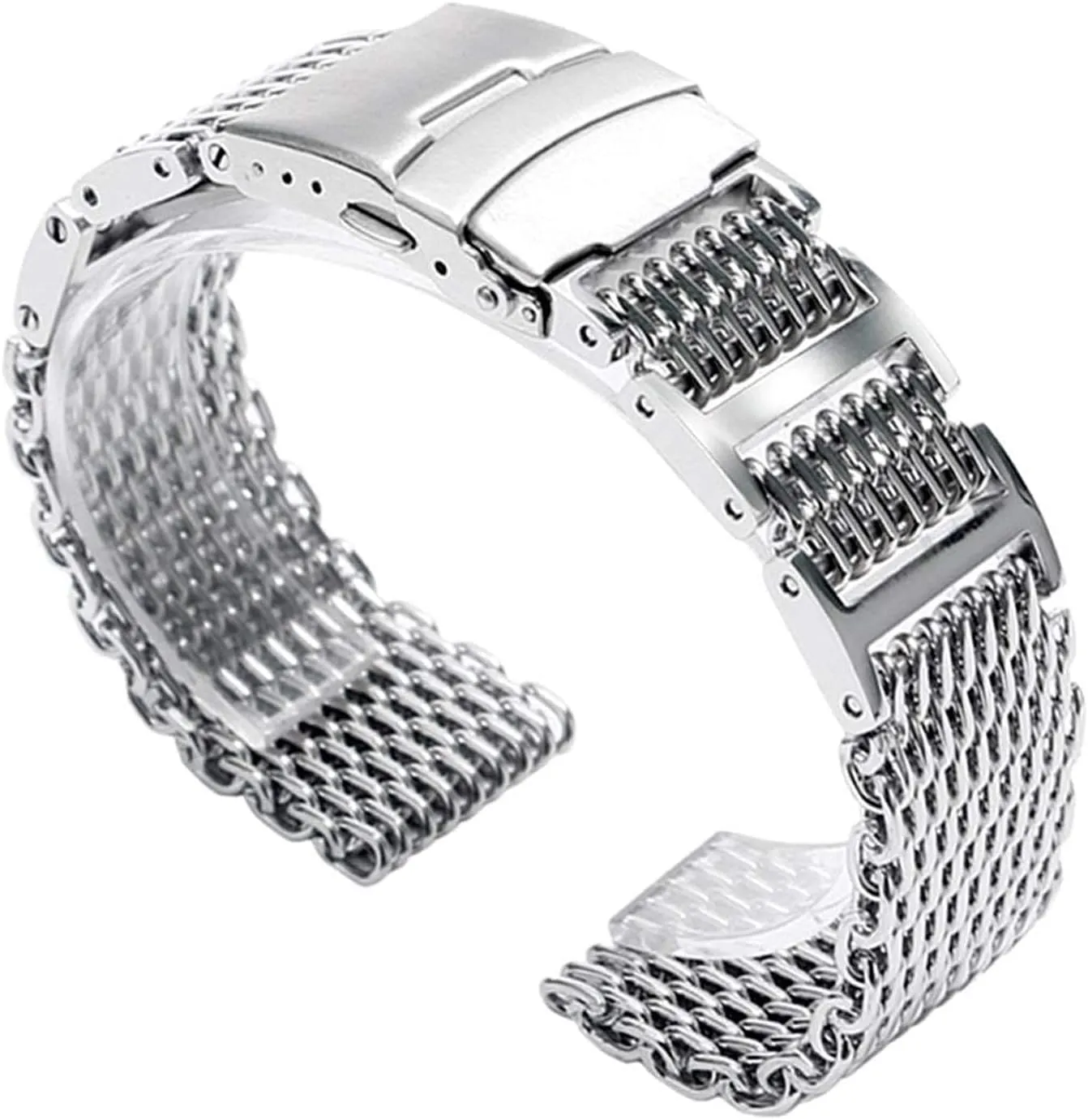 22mm 24mm Luxury affirm apprenticeship aspect biter delicate Shark mesh Watch Band Strap Stainless Steel Replacement Folding Clasp with Safety Silver  2 Spring bar Watch Strap 20mm 