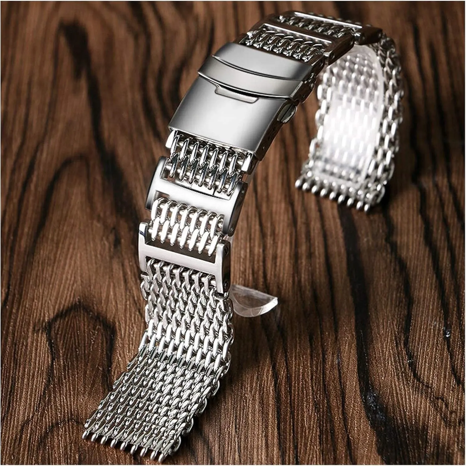 22mm 24mm Luxury affirm apprenticeship aspect biter delicate Shark mesh Watch Band Strap Stainless Steel Replacement Folding Clasp with Safety Silver  2 Spring bar Watch Strap 20mm 