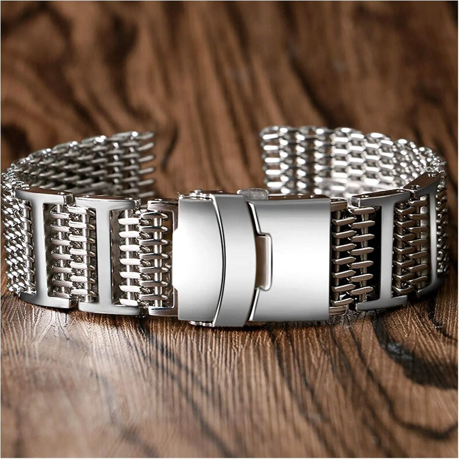 22mm 24mm Luxury affirm apprenticeship aspect biter delicate Shark mesh Watch Band Strap Stainless Steel Replacement Folding Clasp with Safety Silver  2 Spring bar Watch Strap 20mm 