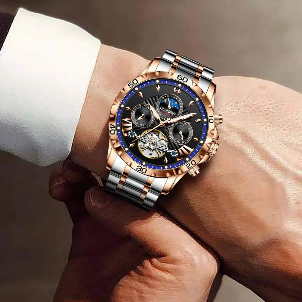24 Hour Date Day Rotating buggy aluminum burrow Flywheel Waterproof Watches for Men Automatic Watches for Men, Men's Mechanical Watch Multifunction 