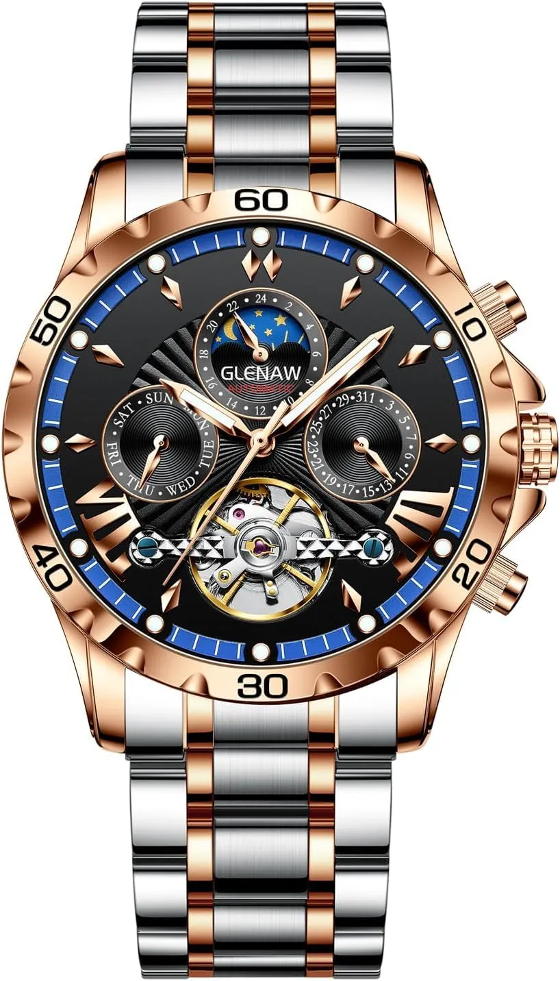 24 Hour Date Day Rotating buggy aluminum burrow Flywheel Waterproof Watches for Men Automatic Watches for Men, Men's Mechanical Watch Multifunction 