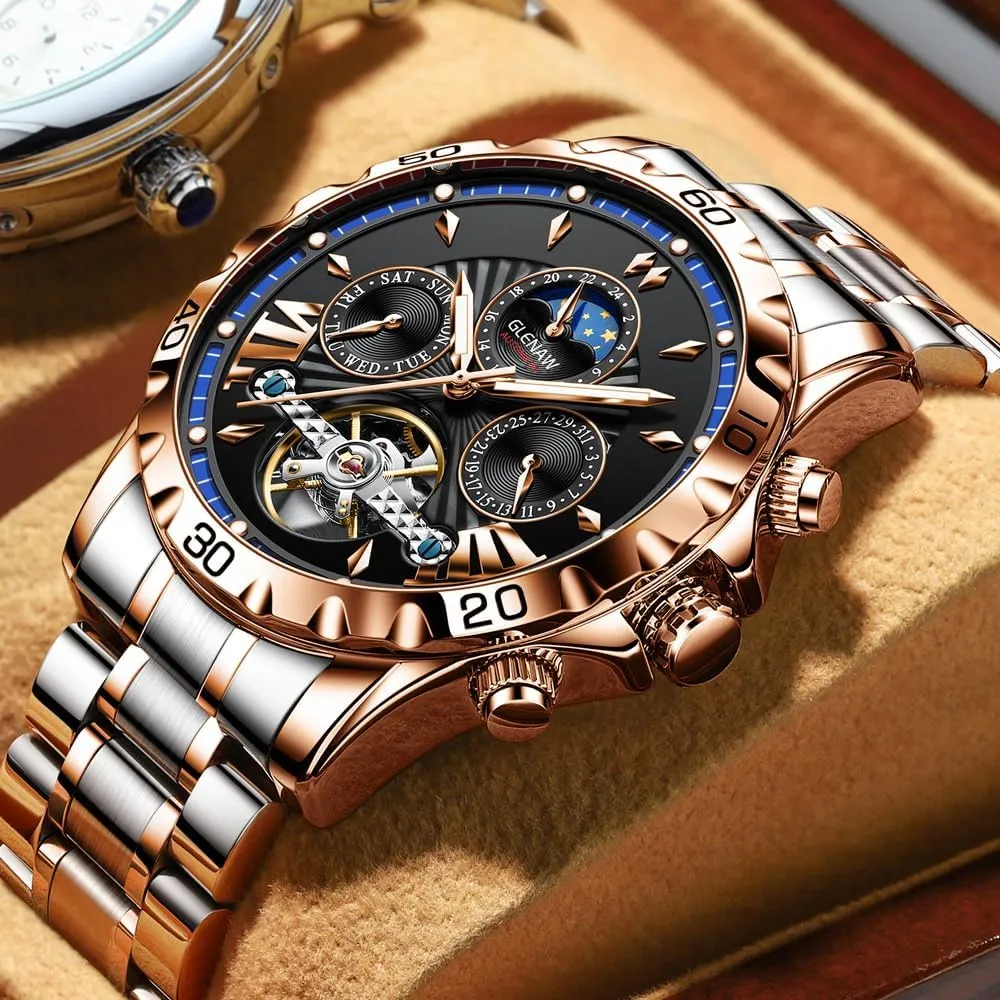 24 Hour Date Day Rotating buggy aluminum burrow Flywheel Waterproof Watches for Men Automatic Watches for Men, Men's Mechanical Watch Multifunction 
