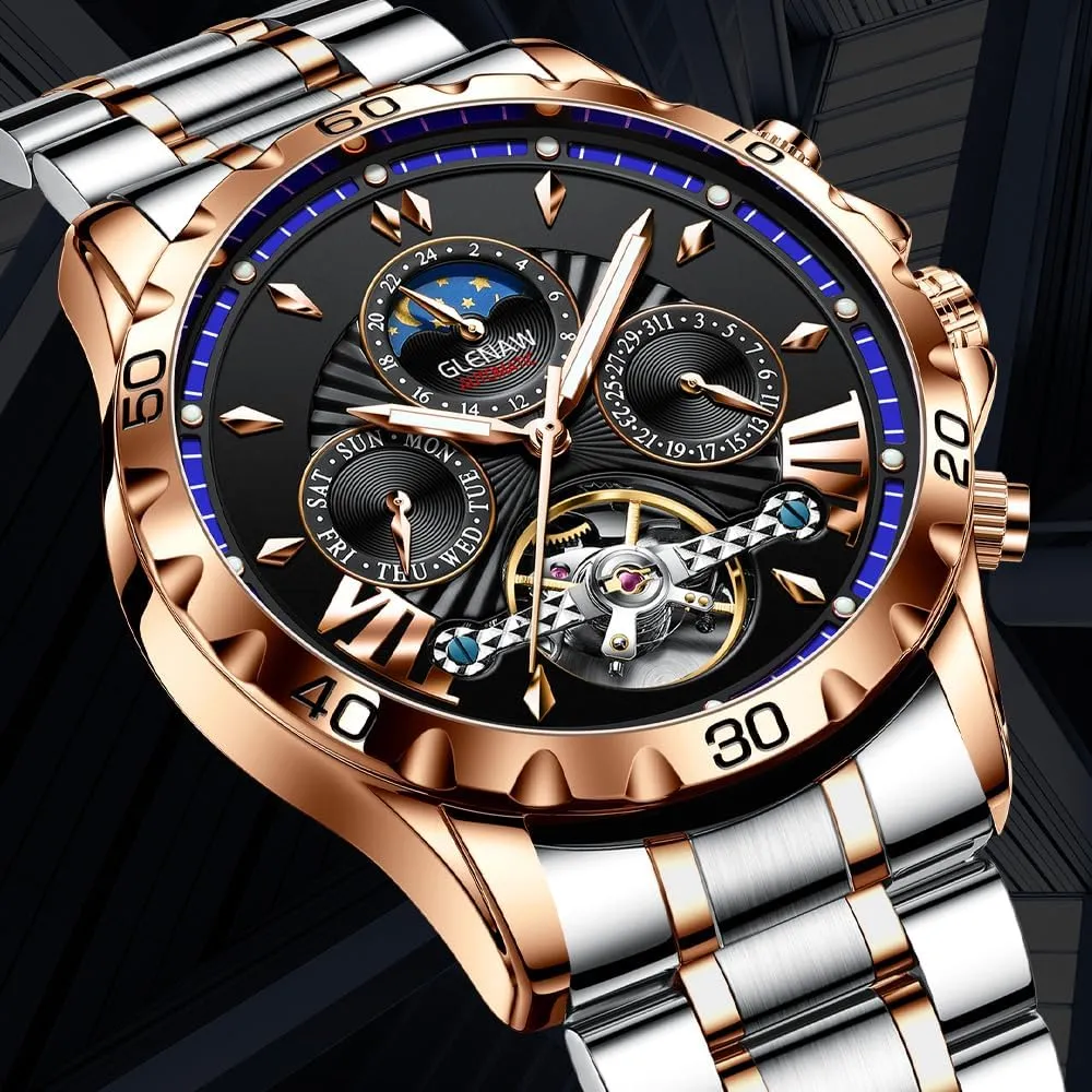 24 Hour Date Day Rotating buggy aluminum burrow Flywheel Waterproof Watches for Men Automatic Watches for Men, Men's Mechanical Watch Multifunction 