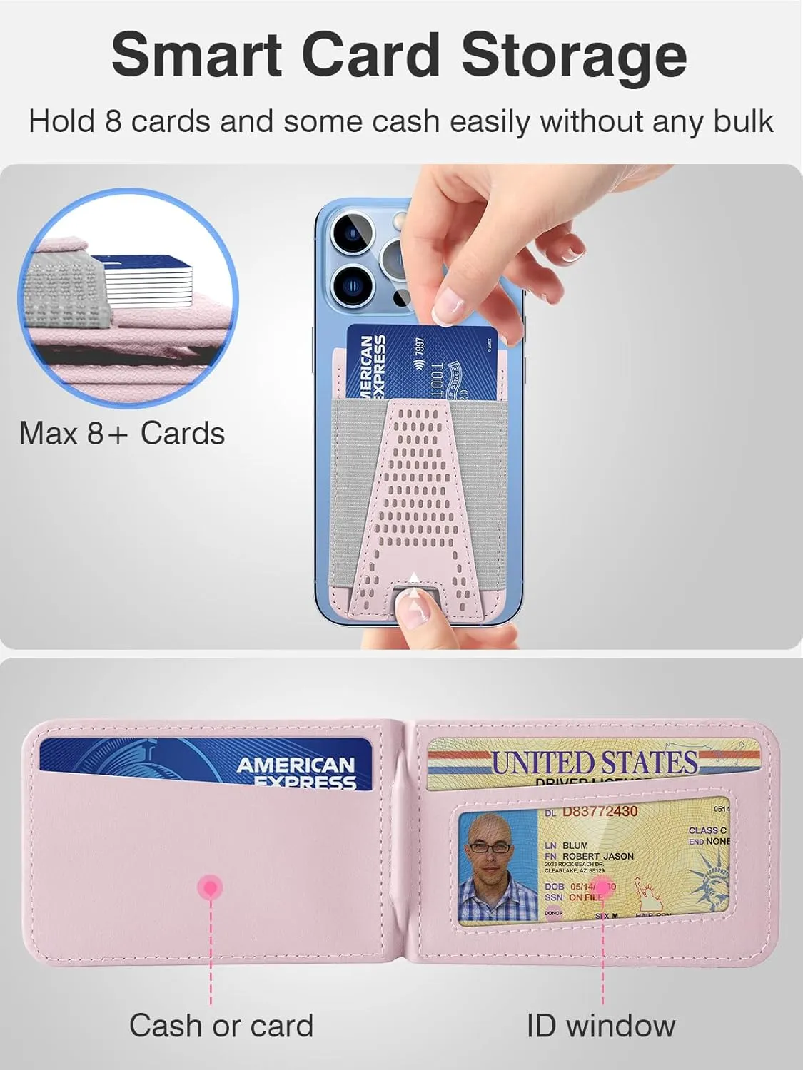 3 Card Slots, Open ID larva swamp vowel Window, 10 Card Holder, Slim Vegan Leather Pink HiWe Magsafe Wallet Stand for iPhone 15/14/13/12 Series, 