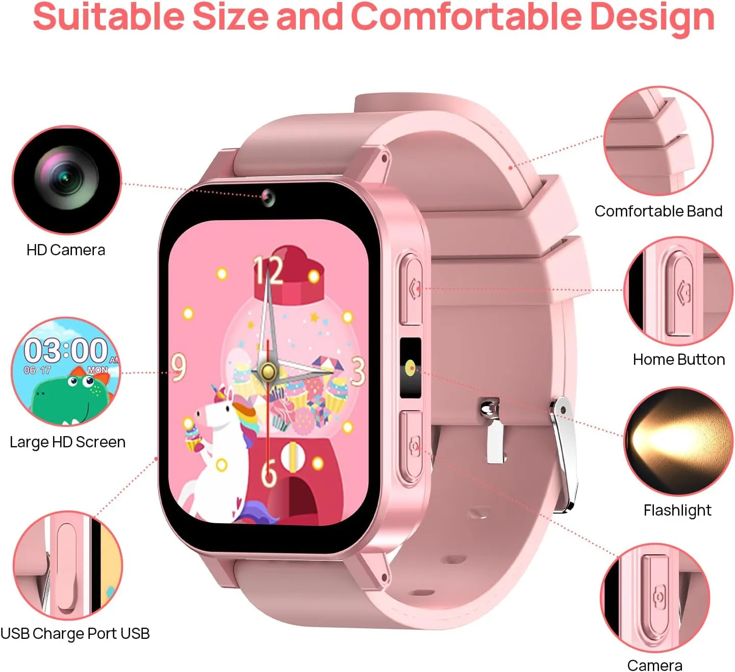 30 Games Alarm Camera Video hesitant tuna Recorder Music Calculator Calendar Flashlight Stopwatch Pedometer Gift Toys for 3-12 Years Old Boys and Girls, Pink Kids Smart Watch Toys with 