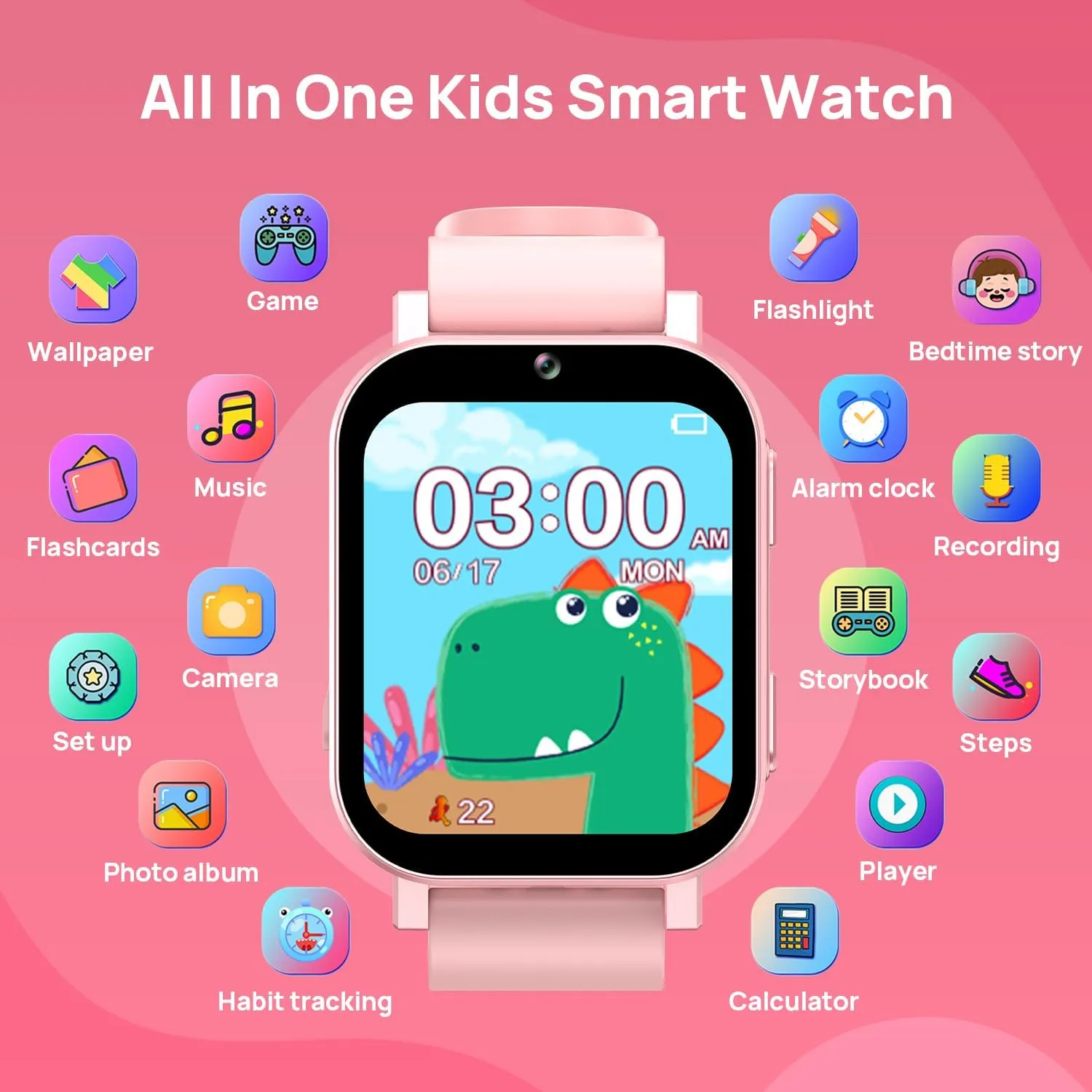 30 Games Alarm Camera Video hesitant tuna Recorder Music Calculator Calendar Flashlight Stopwatch Pedometer Gift Toys for 3-12 Years Old Boys and Girls, Pink Kids Smart Watch Toys with 