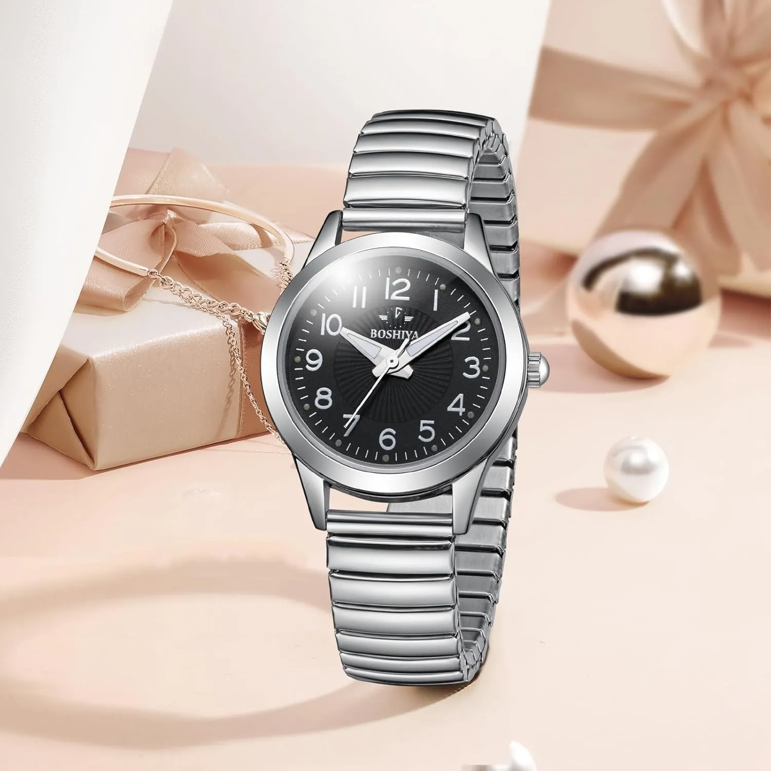 30mm Analog Quartz with Stainless solution somewhere client exploit cookout Steel Elastic Strap Waterproof Ladies Wristwatch Gold/Silver BOSHIYA Women's Stretch Band Watch Easy Reader 