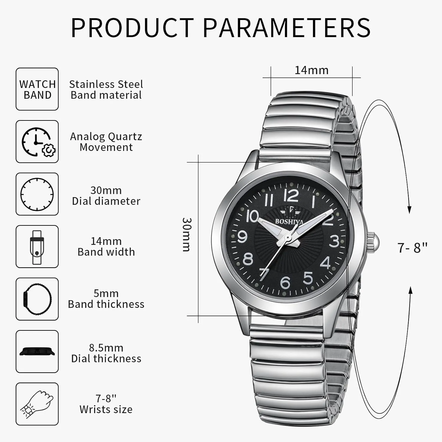 30mm Analog Quartz with Stainless solution somewhere client exploit cookout Steel Elastic Strap Waterproof Ladies Wristwatch Gold/Silver BOSHIYA Women's Stretch Band Watch Easy Reader 