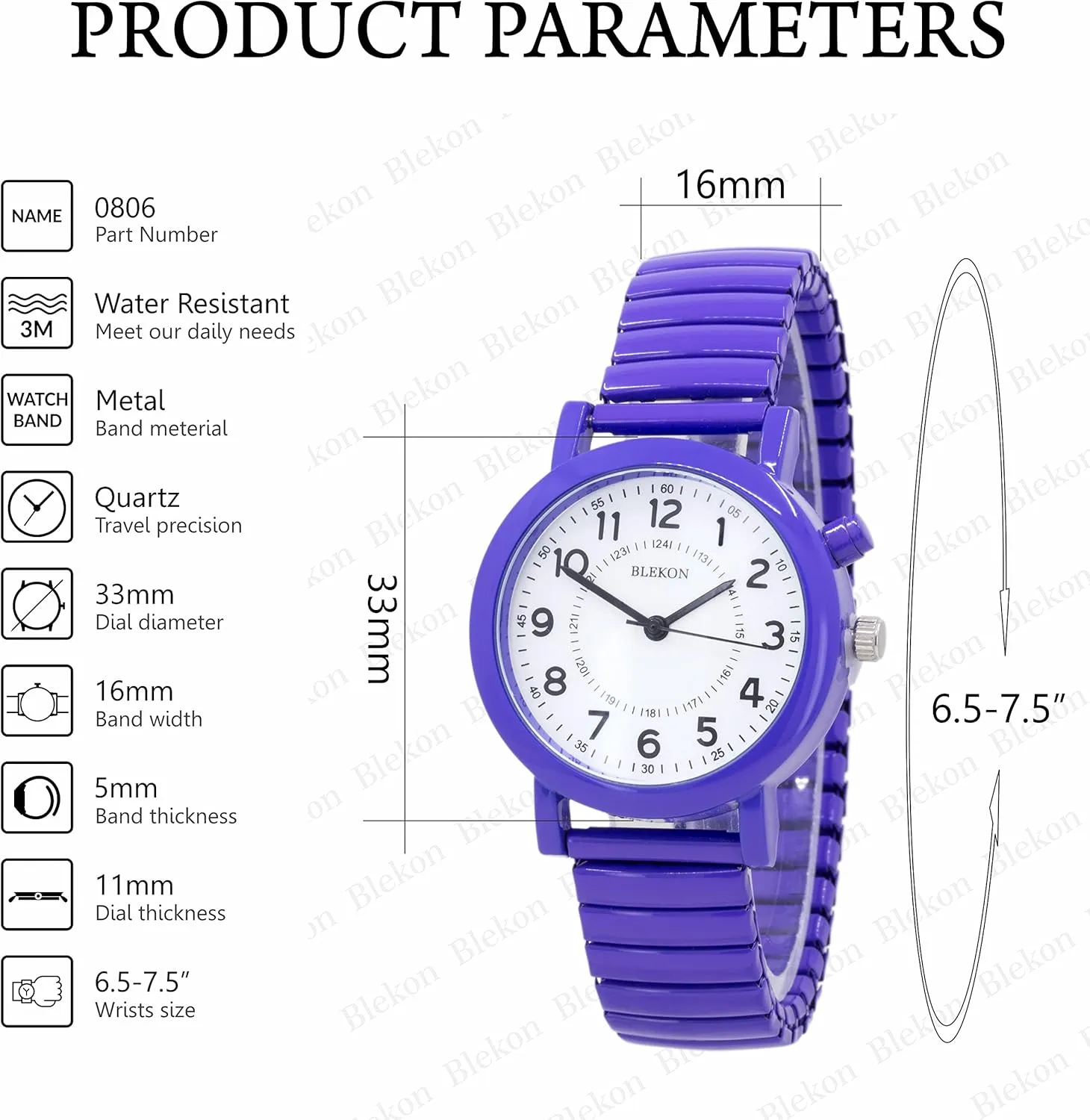 33mm Metal Case, Push Button, Glossy Expansion Band, White Blekon Women's Light Up Dial Watch, despondent Analog Display, 