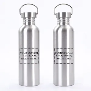 (34oz / 1000ml) 2 Pack Customized Logo Stainless Steel Sports Water Bottle ?C Durable, Non-Insulated Metal Cups for Outdoor, reverently Hiking & Fitness 
