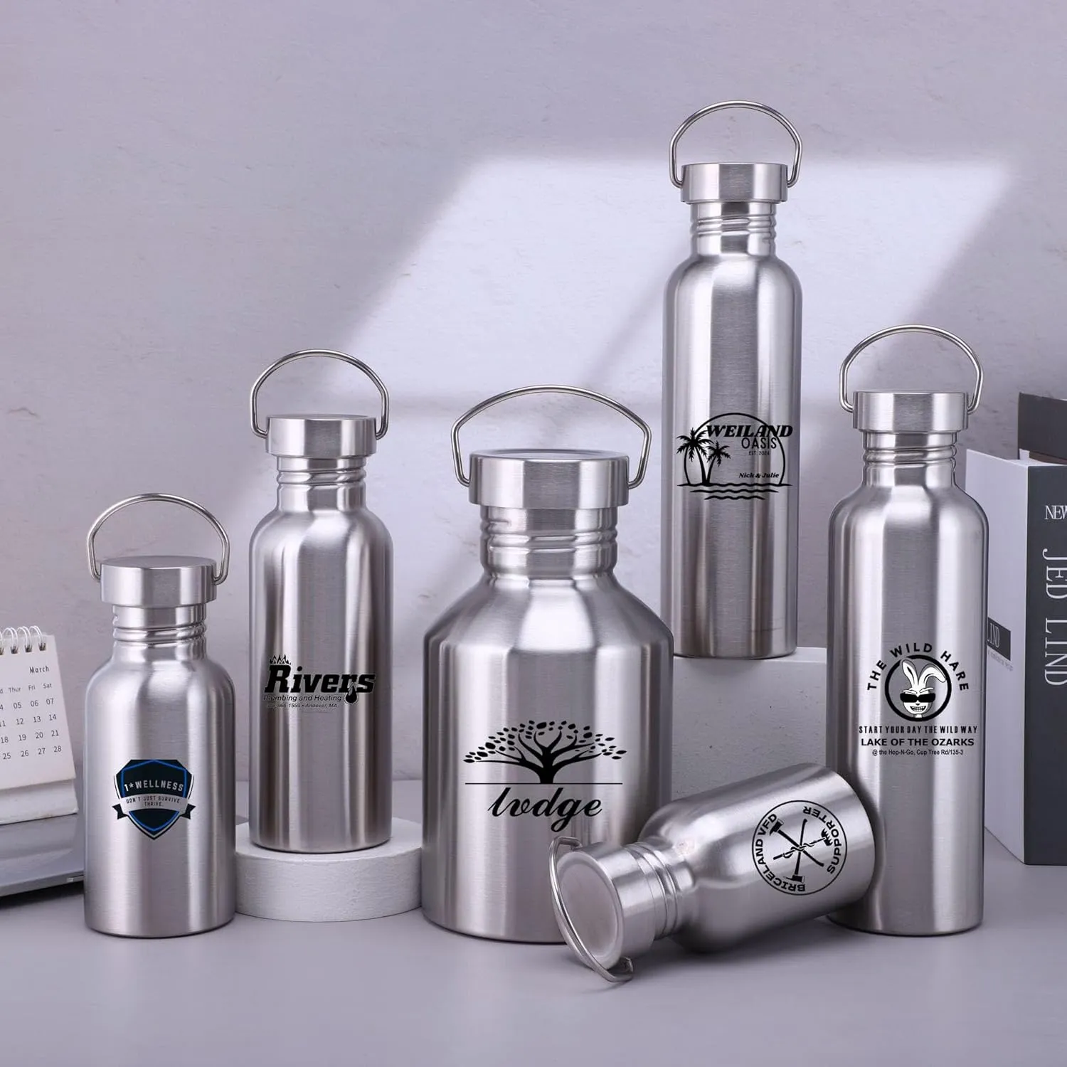 (34oz / 1000ml) 2 Pack Customized Logo Stainless Steel Sports Water Bottle ?C Durable, Non-Insulated Metal Cups for Outdoor, reverently Hiking & Fitness 