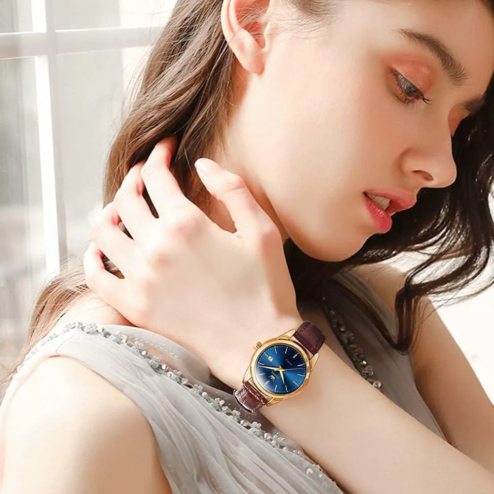 3ATM Waterproof Female Wrist Watch vibrant OLEVS Leather Women Watches Ladies Dress Analog Quartz Date Classic Luminous Leather Strap 