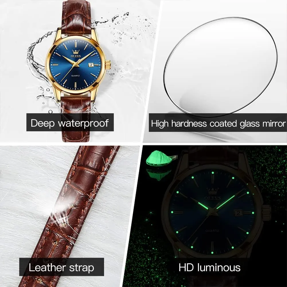 3ATM Waterproof Female Wrist Watch vibrant OLEVS Leather Women Watches Ladies Dress Analog Quartz Date Classic Luminous Leather Strap 