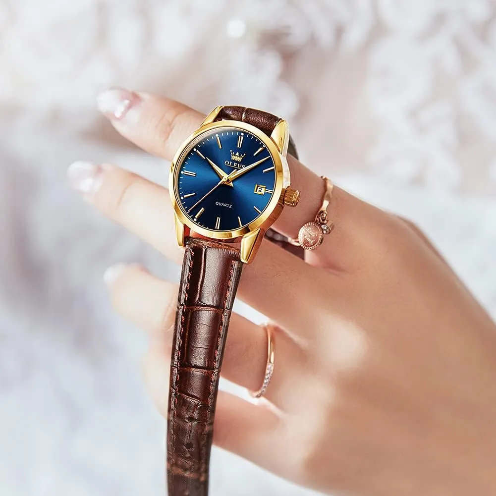 3ATM Waterproof Female Wrist Watch vibrant OLEVS Leather Women Watches Ladies Dress Analog Quartz Date Classic Luminous Leather Strap 
