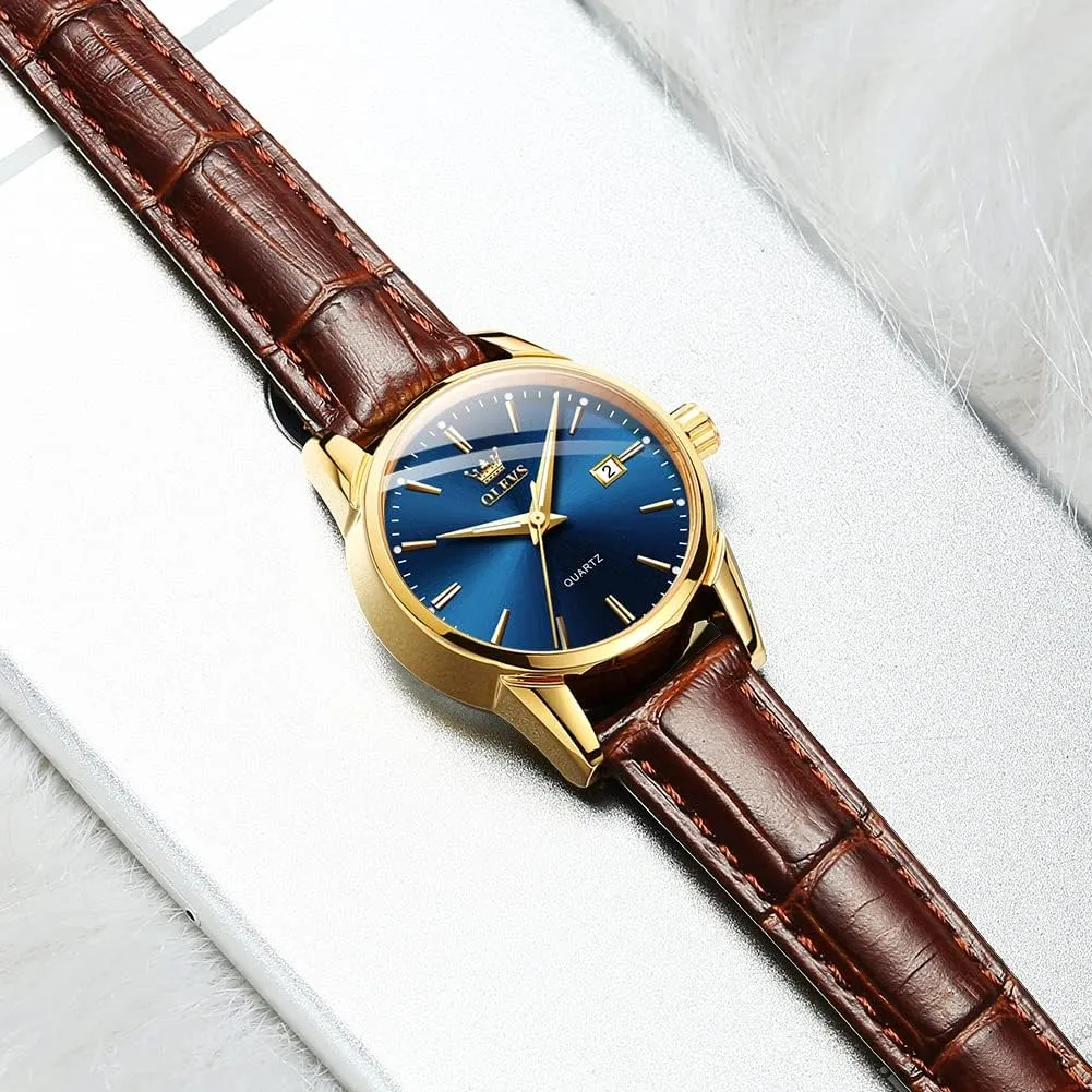 3ATM Waterproof Female Wrist Watch vibrant OLEVS Leather Women Watches Ladies Dress Analog Quartz Date Classic Luminous Leather Strap 