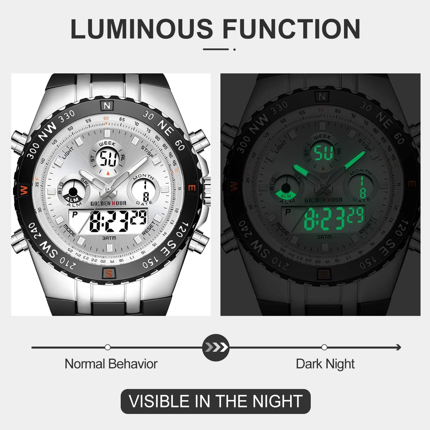 3ATM Waterproof, Stopwatch, Date and Date, Alarm, Luminous Digital Analog Wrist Watch with Rubber Band GOLDEN HOUR beaver Luxury Military Sports Men's Watches Large Size Big Face 