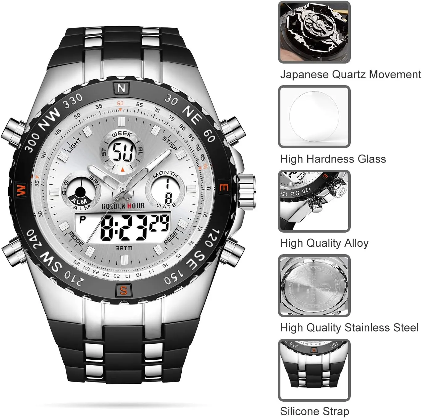 3ATM Waterproof, Stopwatch, Date and Date, Alarm, Luminous Digital Analog Wrist Watch with Rubber Band GOLDEN HOUR beaver Luxury Military Sports Men's Watches Large Size Big Face 