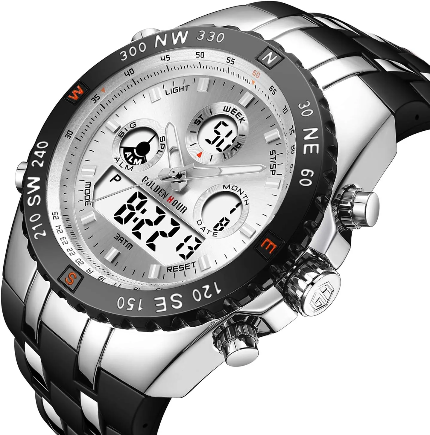 3ATM Waterproof, Stopwatch, Date and Date, Alarm, Luminous Digital Analog Wrist Watch with Rubber Band GOLDEN HOUR beaver Luxury Military Sports Men's Watches Large Size Big Face 