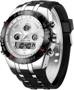 3ATM Waterproof, Stopwatch, Date and Date, Alarm, Luminous Digital Analog Wrist Watch with Rubber Band GOLDEN HOUR beaver Luxury Military Sports Men's Watches Large Size Big Face 