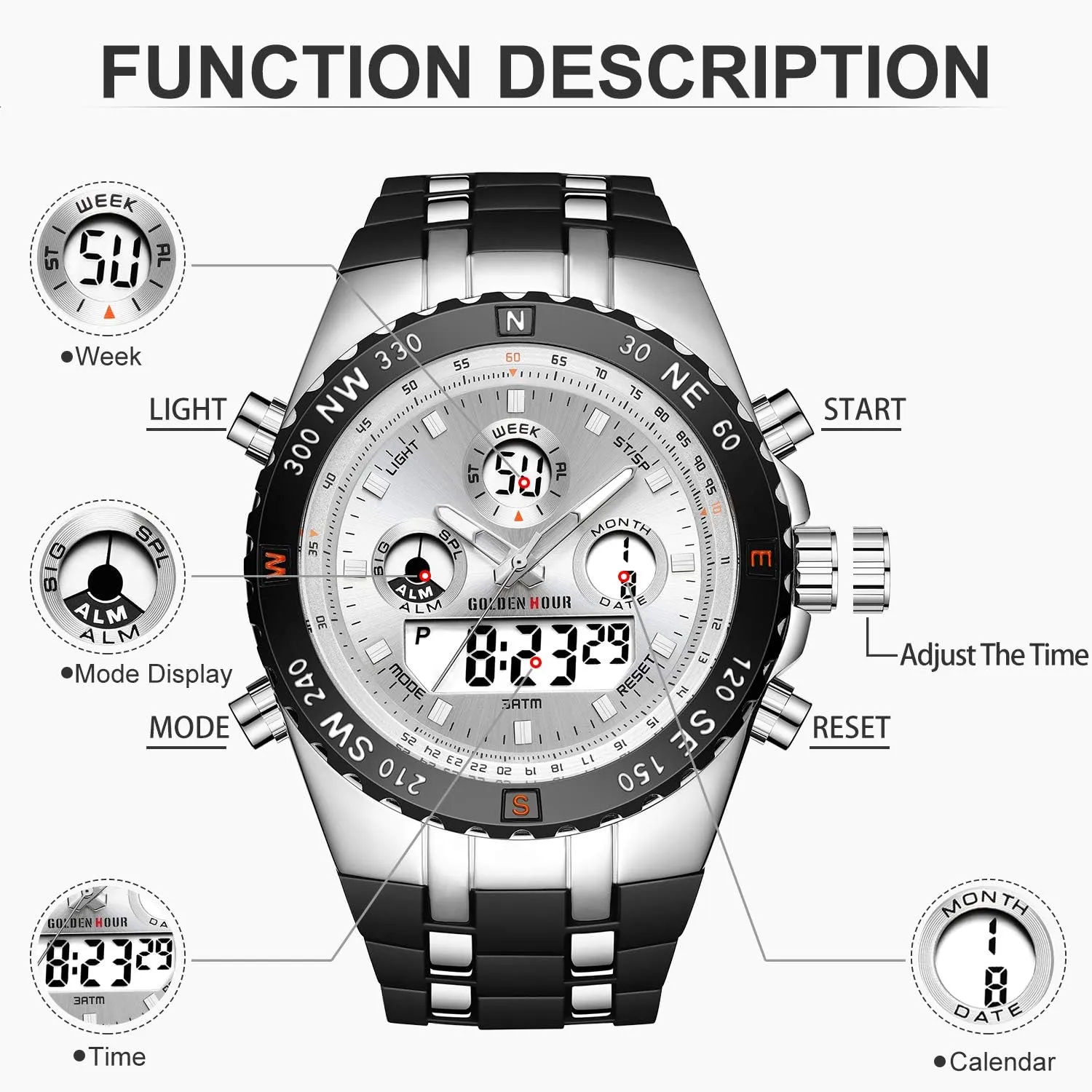 3ATM Waterproof, Stopwatch, Date and Date, Alarm, Luminous Digital Analog Wrist Watch with Rubber Band GOLDEN HOUR beaver Luxury Military Sports Men's Watches Large Size Big Face 
