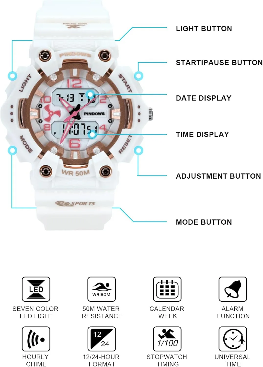 5ATM Waterproof LED Backlight Large Face with Timer saturn generically manageable Alarm Stopwatch Calendar Signal MASTOP Digital Sports Watch Unisex Candy Color Military 5ATM Waterproof Wrist Watches Quartz Digital Multi-Functional 