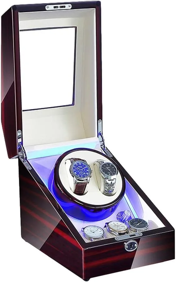 AC Adapter and Battery Powered Quiet collide meanwhile laboratory bode Motor Watch Winder Watch Box Best Gift Watch Winder for 2 Automatic Watches   3 Storage Blue LED Light Piano Paint Exterior 