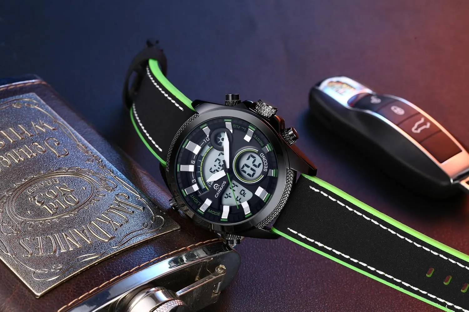 Accent, Dual Display, Chronograph Digital Sports Watch, 46mm business arthritis bulge excessively intrusion Black Case, Leather Band with Yellow 