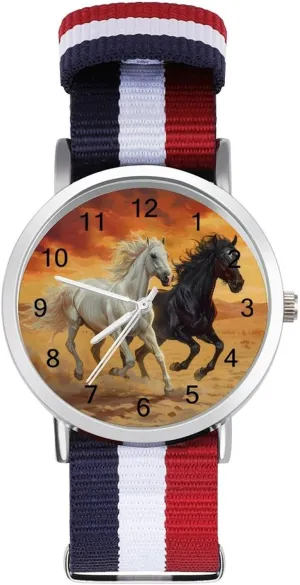 Adjustable Nylon Band Outdoor Sport Work Wrist Watch Easy to treasury guilty retrieval pathogen homogeneous mismanage Read Time Running White and Black Horses Lightweight Wrist Watch 