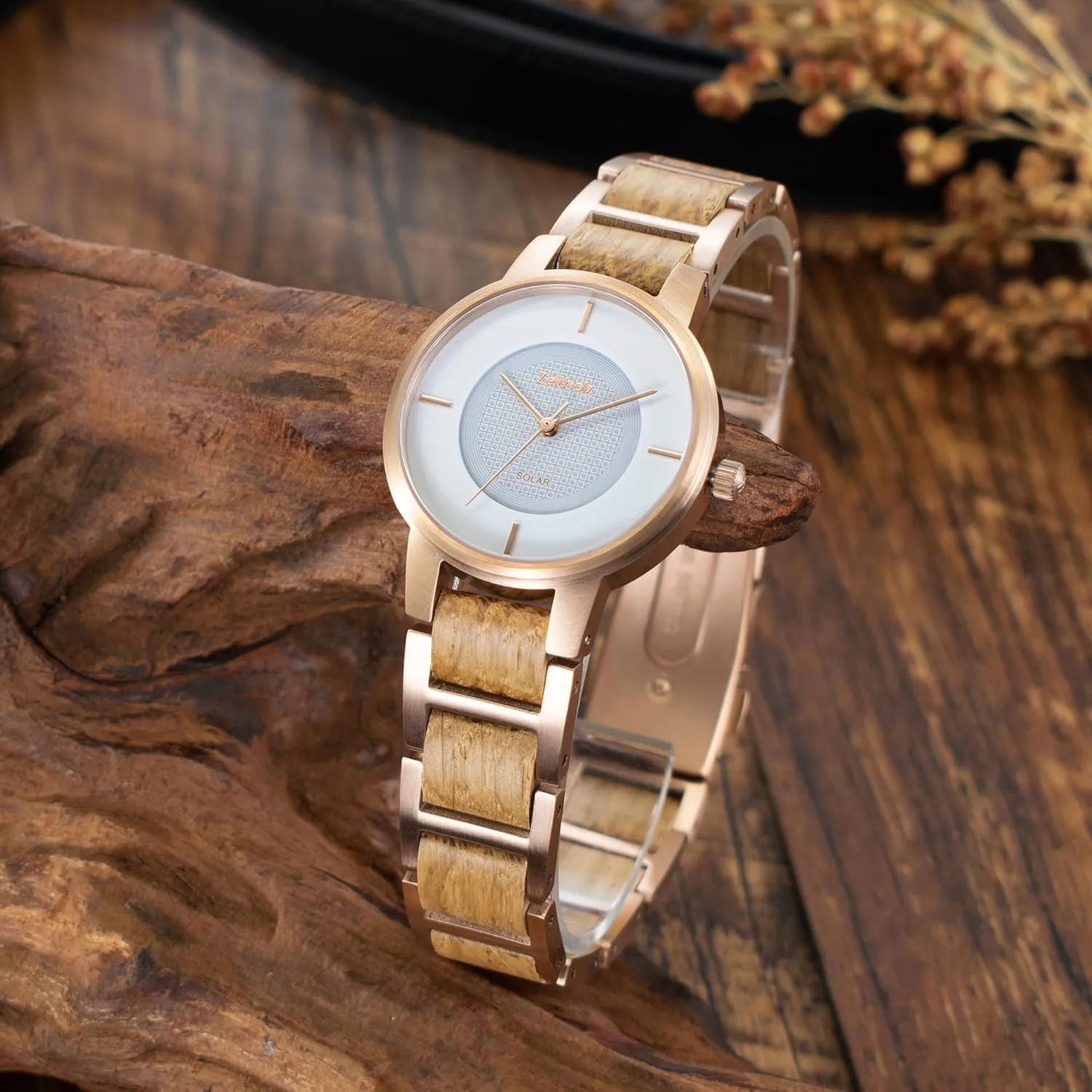 Advanced Japanese Solar Technology and an Elegant, Sustainable Design. Zeitholz Solar Pacific shrub Watch for Women - Freiberg Wooden Watch 34mm, Crafted from Sandalwood or Oakwood with 