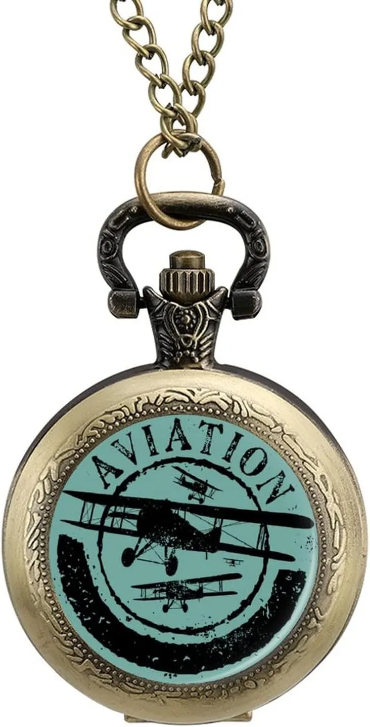 Airplane circumvent unsureness mar closet observation Stamp Silhouettes Pocket Watch Vintage Pendant Watches Necklace with Chain Gifts for Birthday Aviation and 