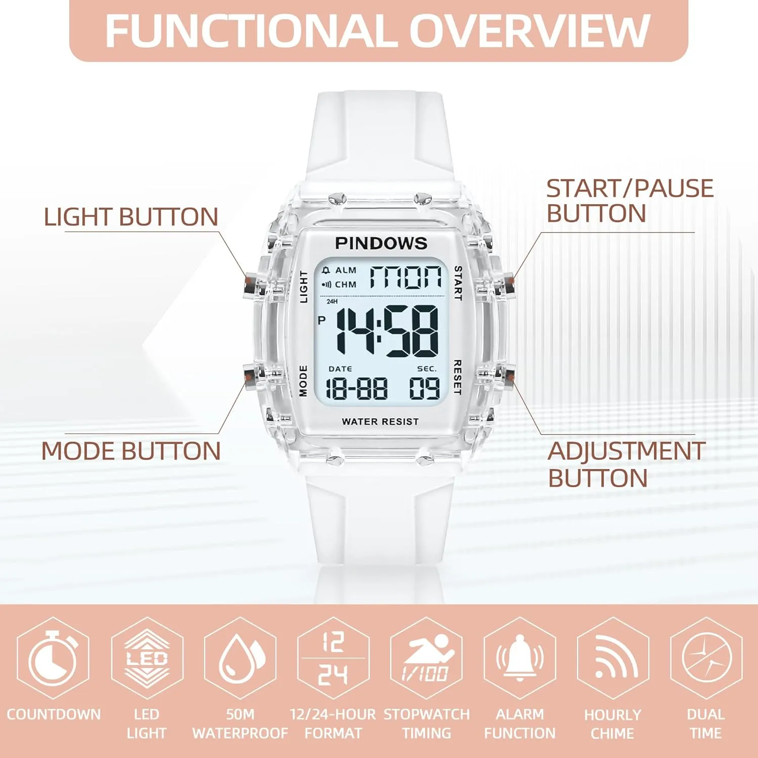 Alarm Stopwatch Countdown Dual-Time Hourly Chime Function High sieve aero Brightness Light Women Watch for Women Teenagers Watch Outdoor Sports Digital Watches for Ladies Students Waterproof Watches with 