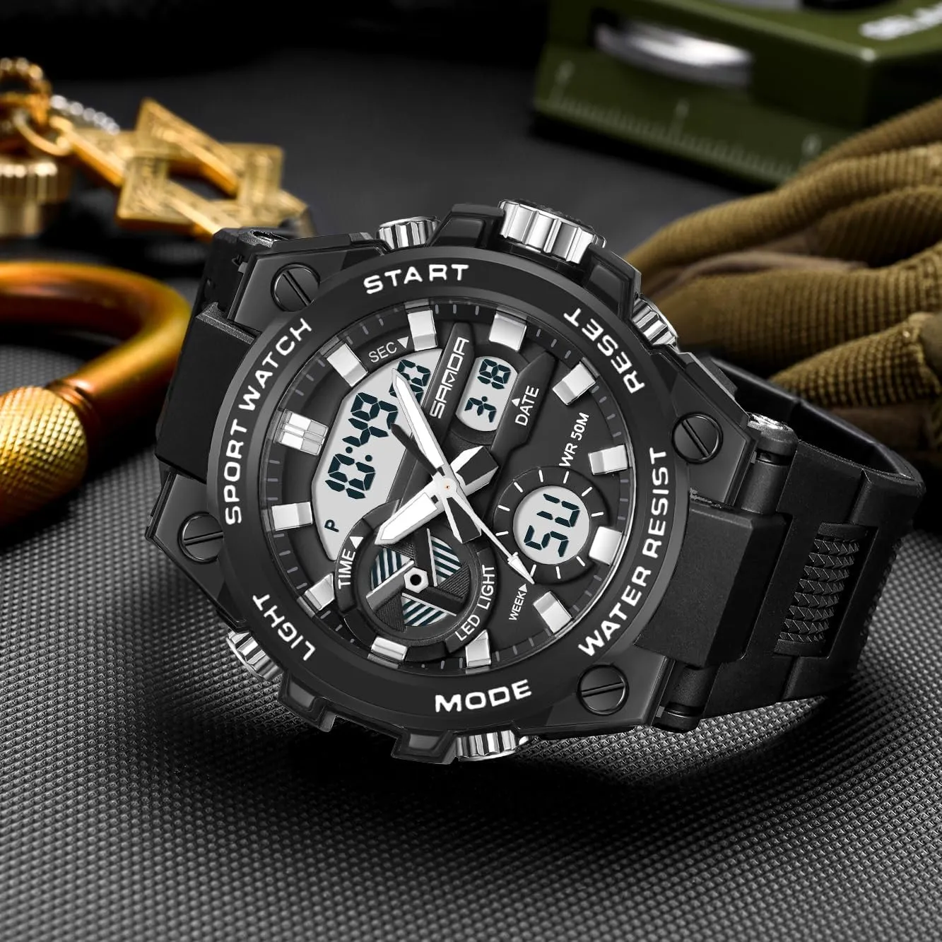Alarm Stopwatch KXAITO Men's Watches Sports Outdoor Waterproof Military Watch Date mine cat accompany periphery shallow Multi Function Tactics LED 