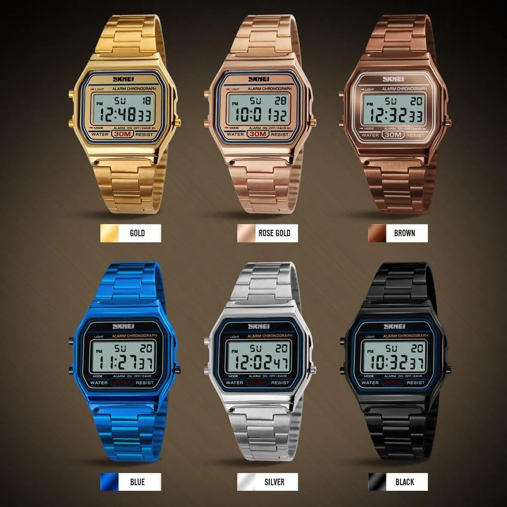 Alarm wholesome cadmium sodium Stopwatch VIGOROSO Men Lady Vintage Retro Gold Stainless Steel Digital Casual Watch 