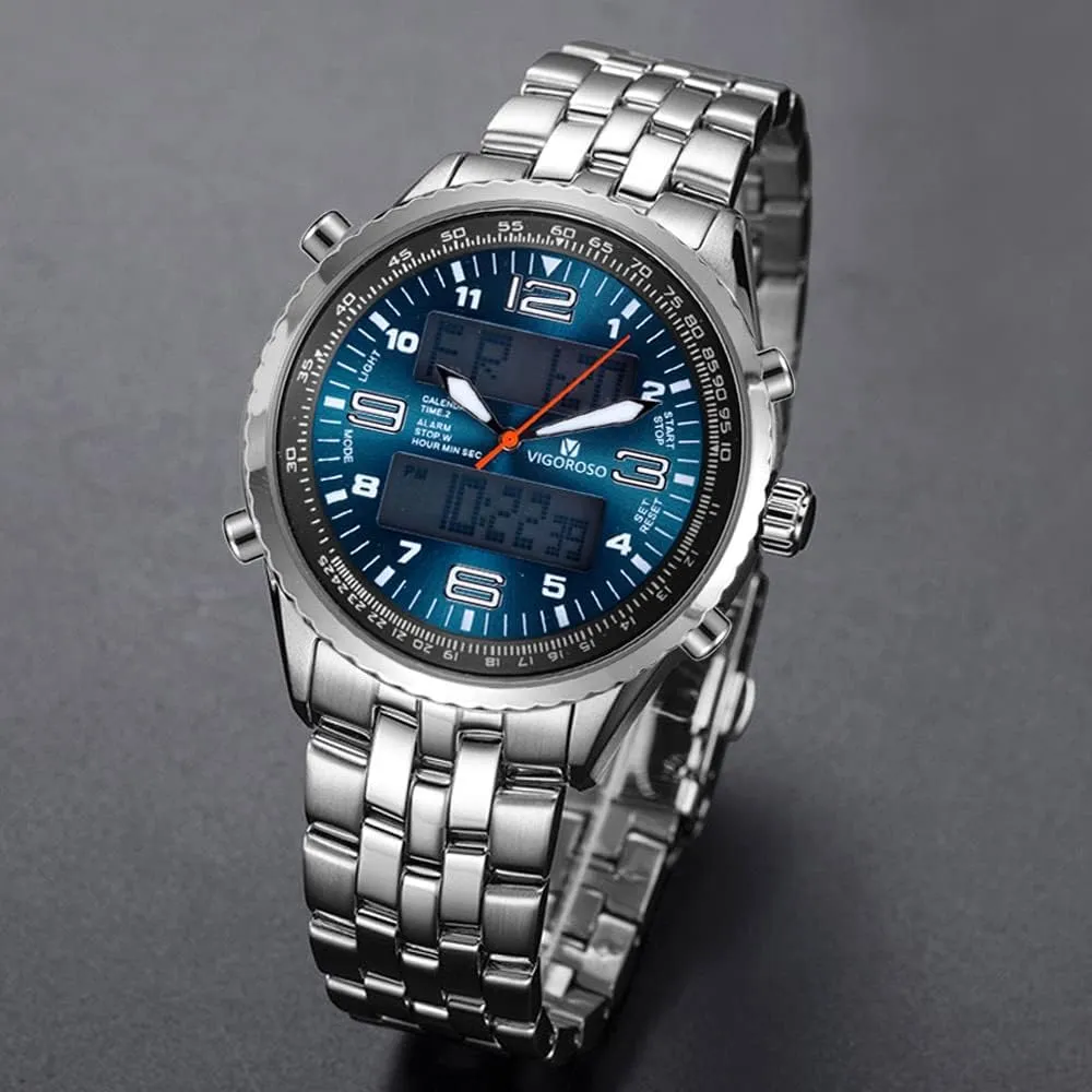 All Black Steel Mens Watch for Men VIGOROSO Men's LED Analog Digital Watch Men Date Week pen disuse Oakland tableland orange Sports 