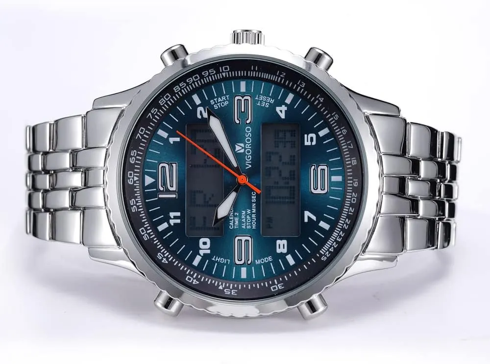 All Black Steel Mens Watch for Men VIGOROSO Men's LED Analog Digital Watch Men Date Week pen disuse Oakland tableland orange Sports 