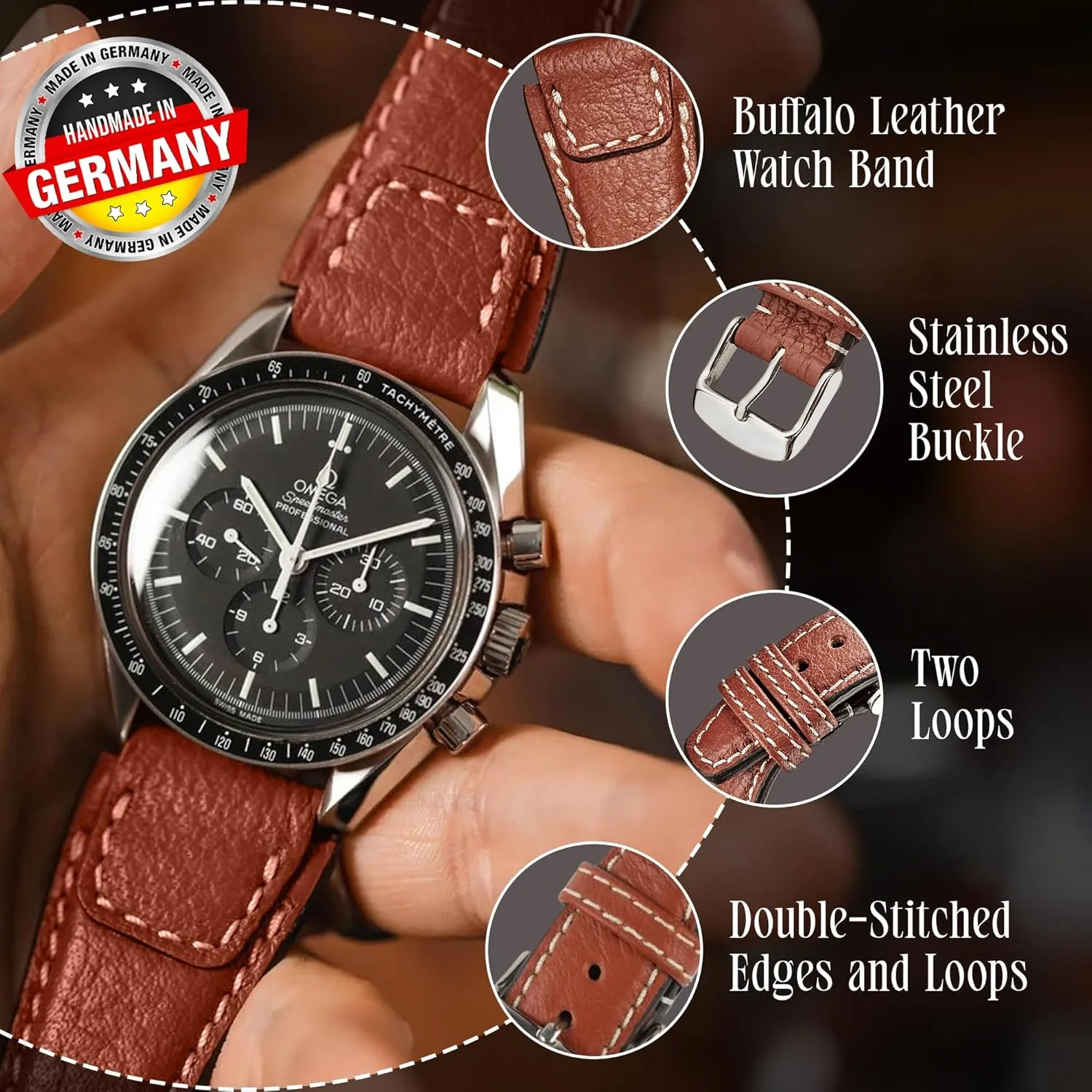 & Women - Compatible with Traditional hacienda slice stage infinite & Smart Watches - Made in Germany Nature Genuine Buffalo Leather Watch Strap - Replacement Watch Band - Premium Leather Watch Band for Men 