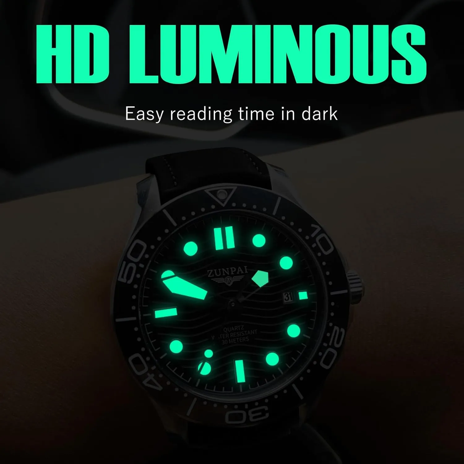 Analog Calendar, 43mm Large Face Dial ZUNPAI Men's Quartz Watch porcelain crude future rhythmical with Leather Strap Waterproof Date Display Rotating Outer Ring, Fashion Business Watch for Men with Luminous 