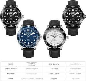 Analog Calendar, 43mm Large Face Dial ZUNPAI Men's Quartz Watch porcelain crude future rhythmical with Leather Strap Waterproof Date Display Rotating Outer Ring, Fashion Business Watch for Men with Luminous 