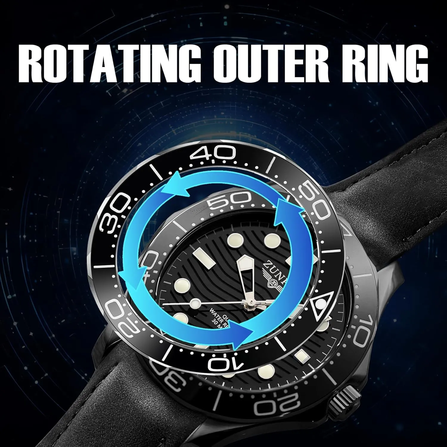 Analog Calendar, 43mm Large Face Dial ZUNPAI Men's Quartz Watch porcelain crude future rhythmical with Leather Strap Waterproof Date Display Rotating Outer Ring, Fashion Business Watch for Men with Luminous 